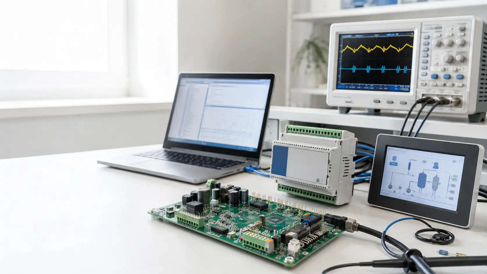 Инженерный стенд с печатной платой, промышленным контроллером, HMI и осциллографом
