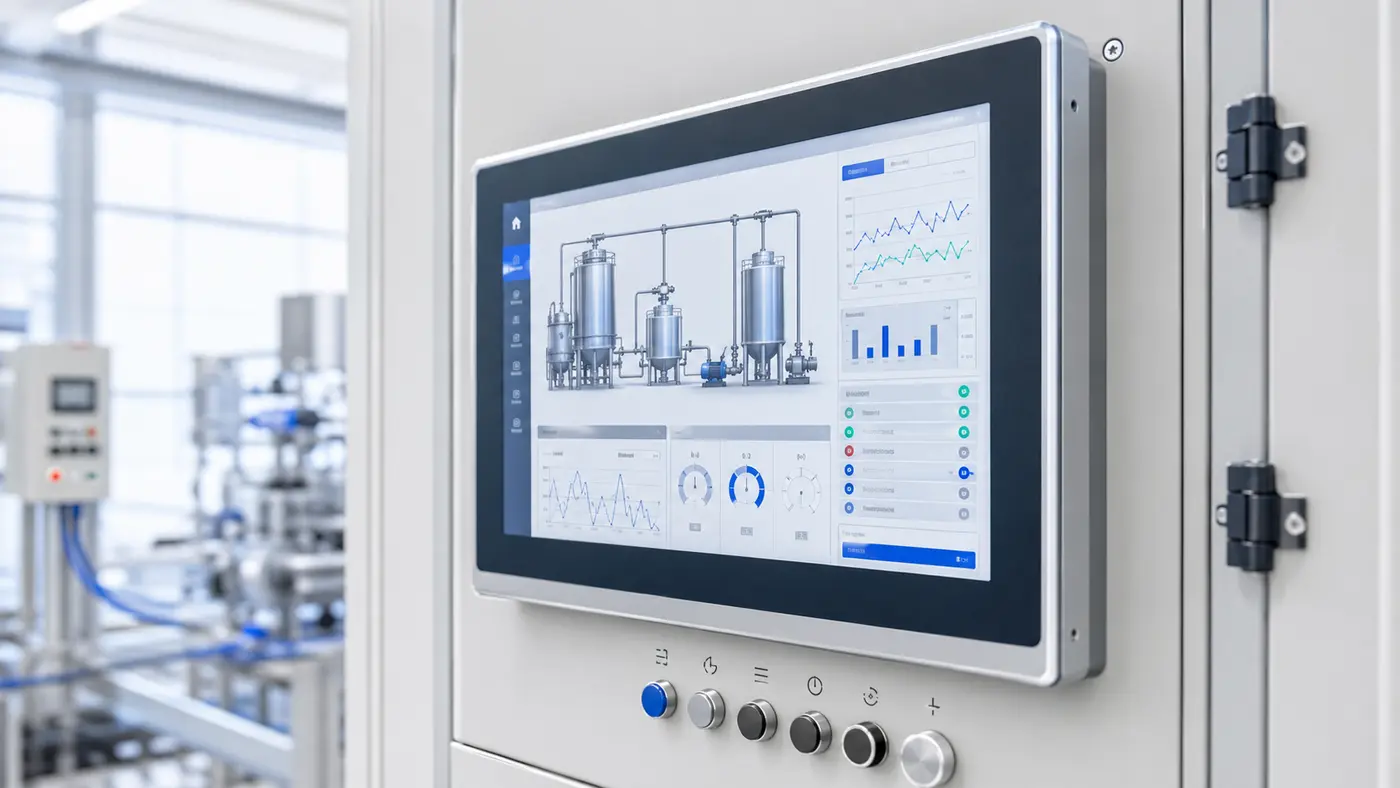 Промышленная HMI-панель с технологической схемой, трендами и авариями