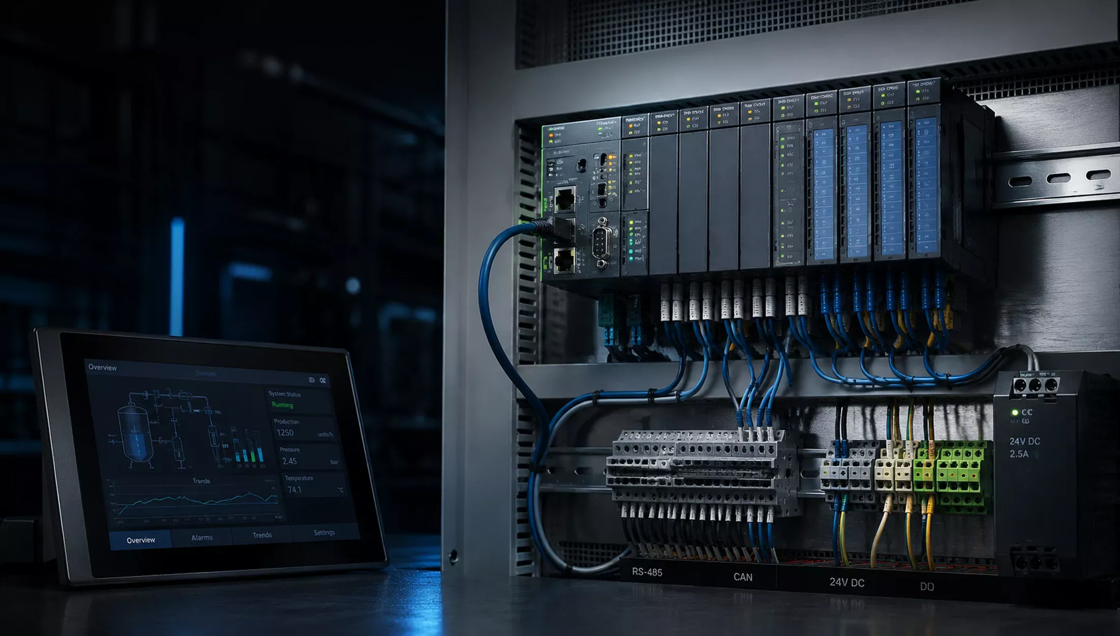 Промышленный шкаф автоматики, контроллеры и HMI-панель